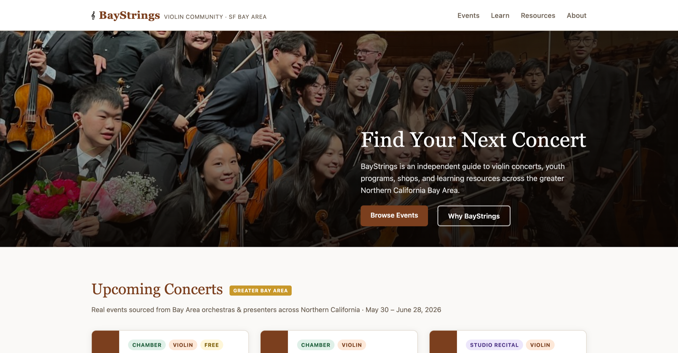 BayStrings concert discovery homepage