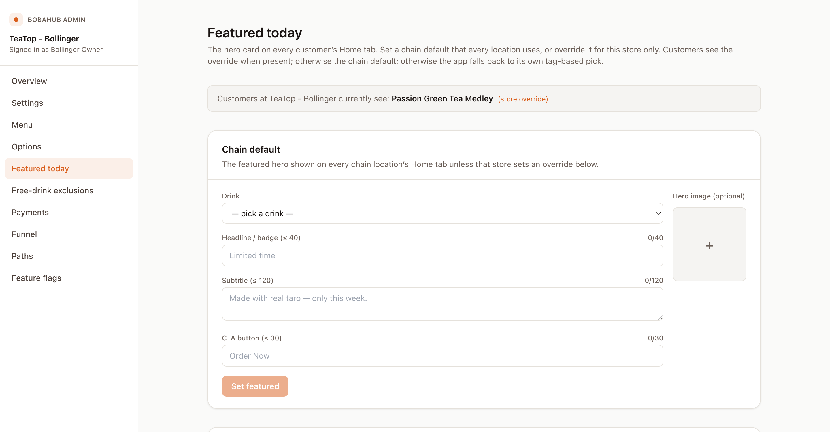 BobaHub admin featured-drink merchandising editor