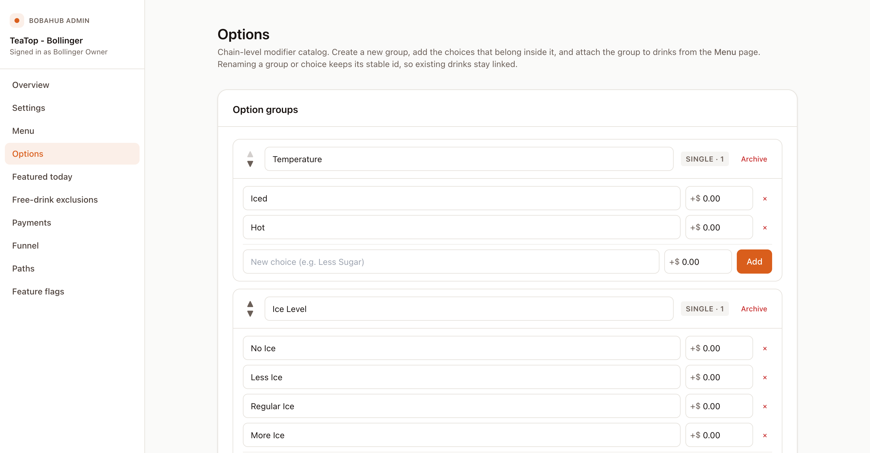 BobaHub admin modifier and option-group editor