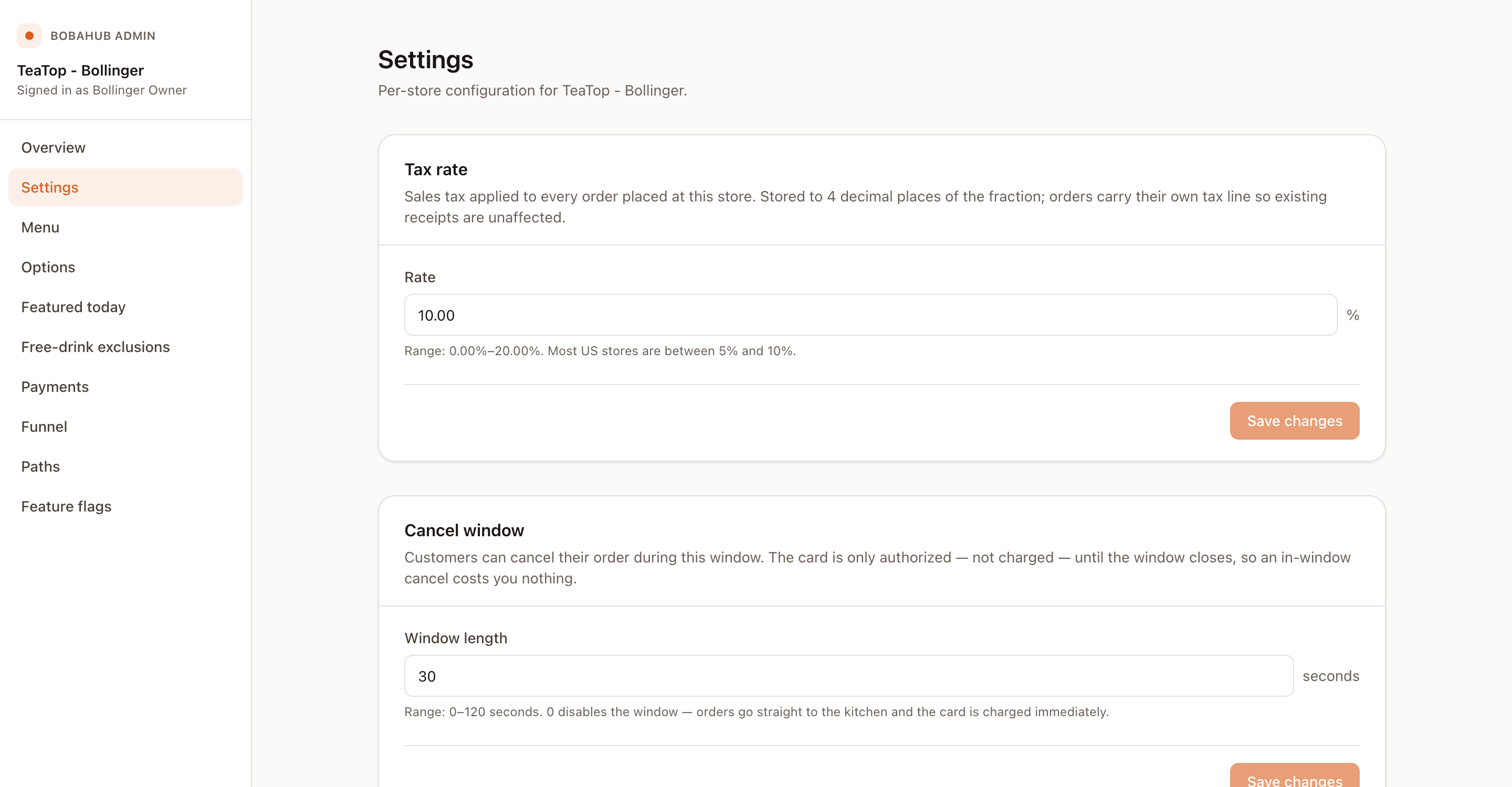 BobaHub admin store settings with tax rate and cancel window