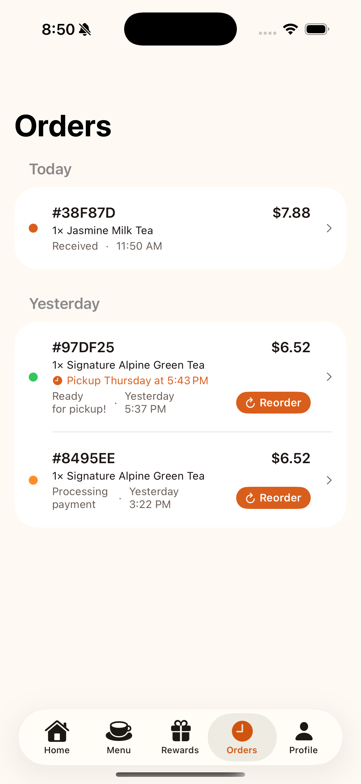 BobaHub customer order history screen on iPhone