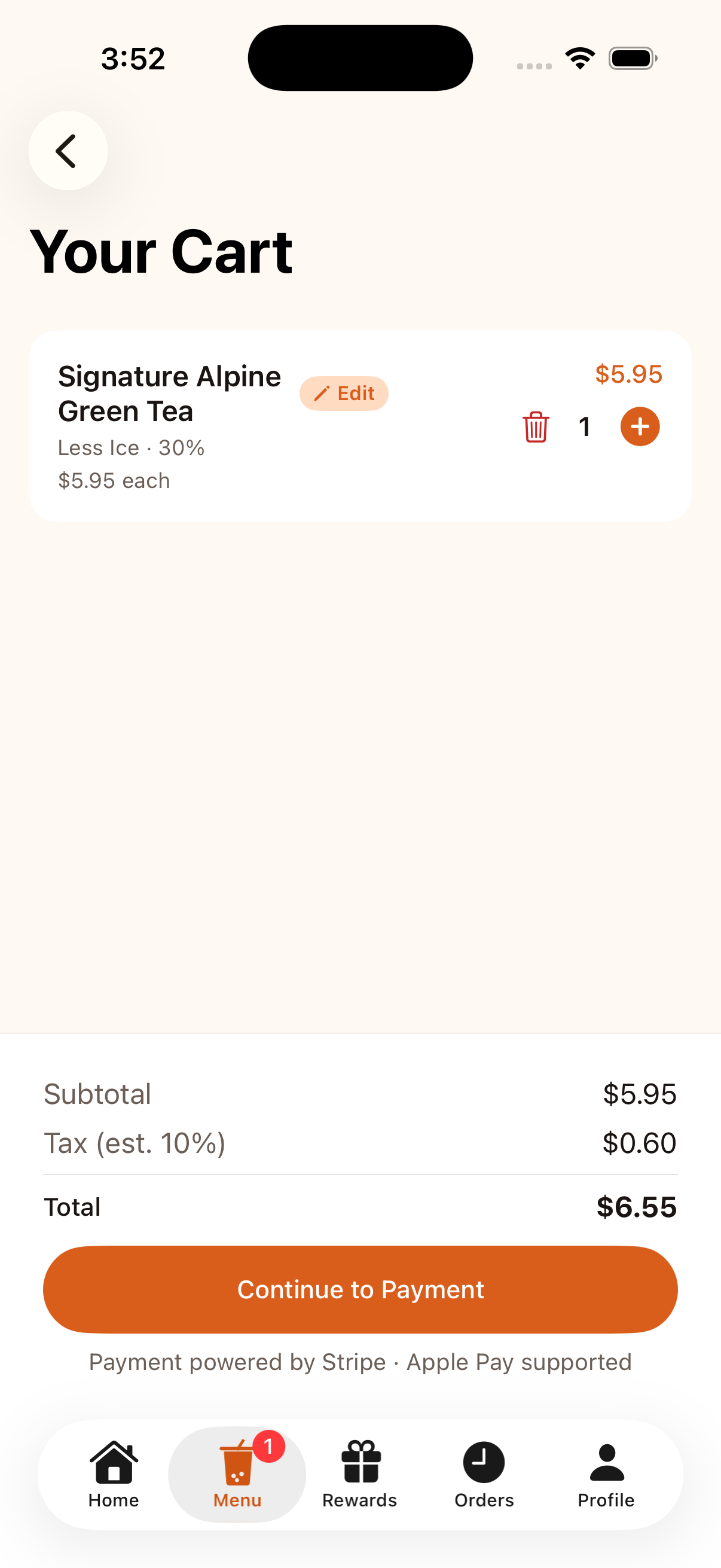 BobaHub iOS app cart with subtotal, tax, and total