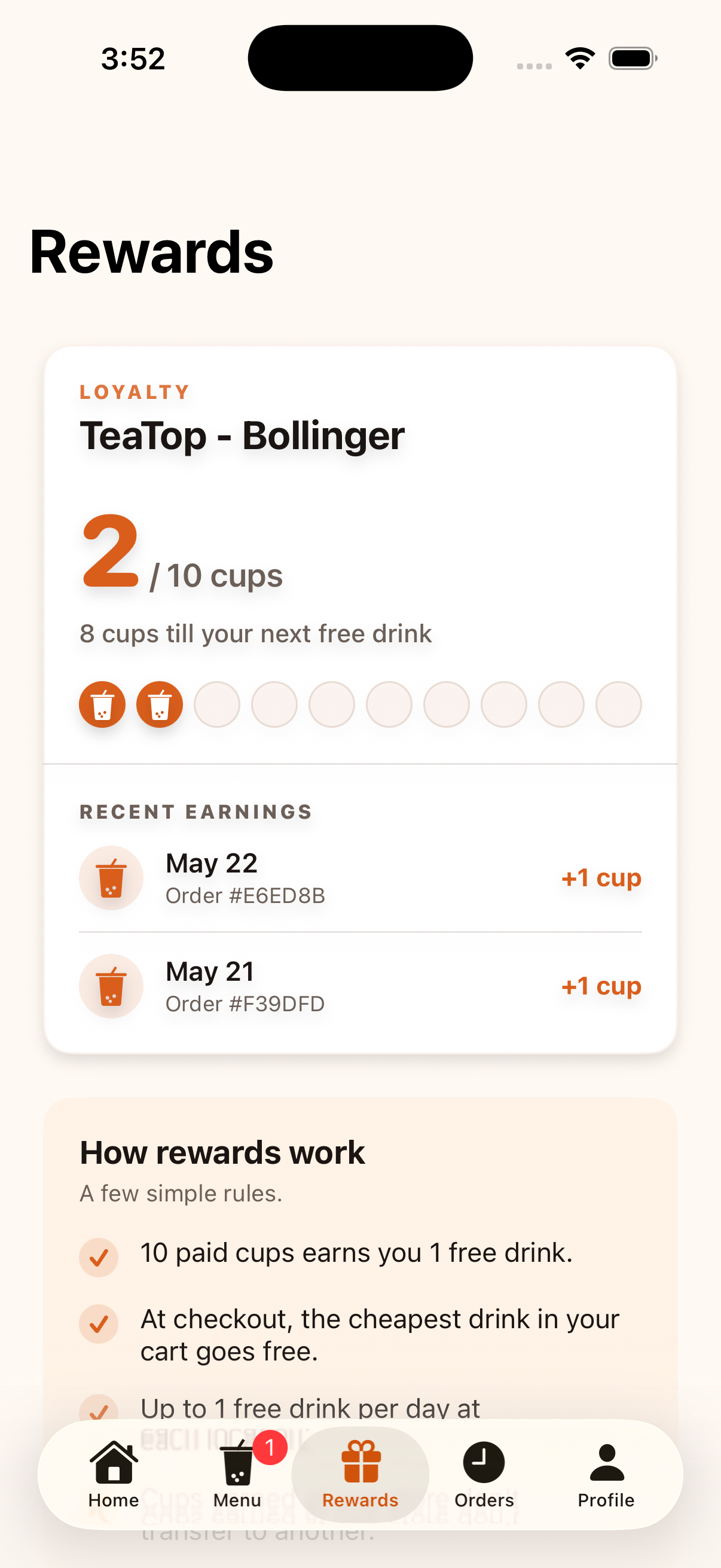 BobaHub iOS app loyalty rewards progress