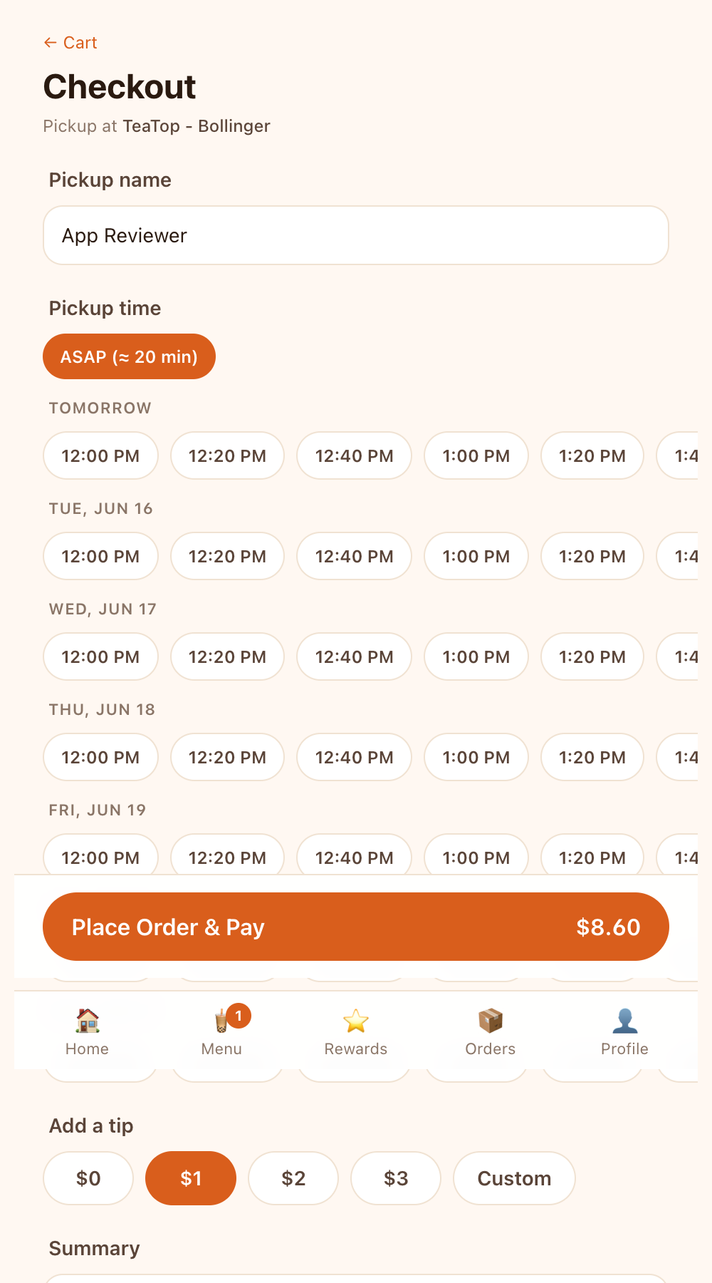 BobaHub web app checkout with pickup time and payment