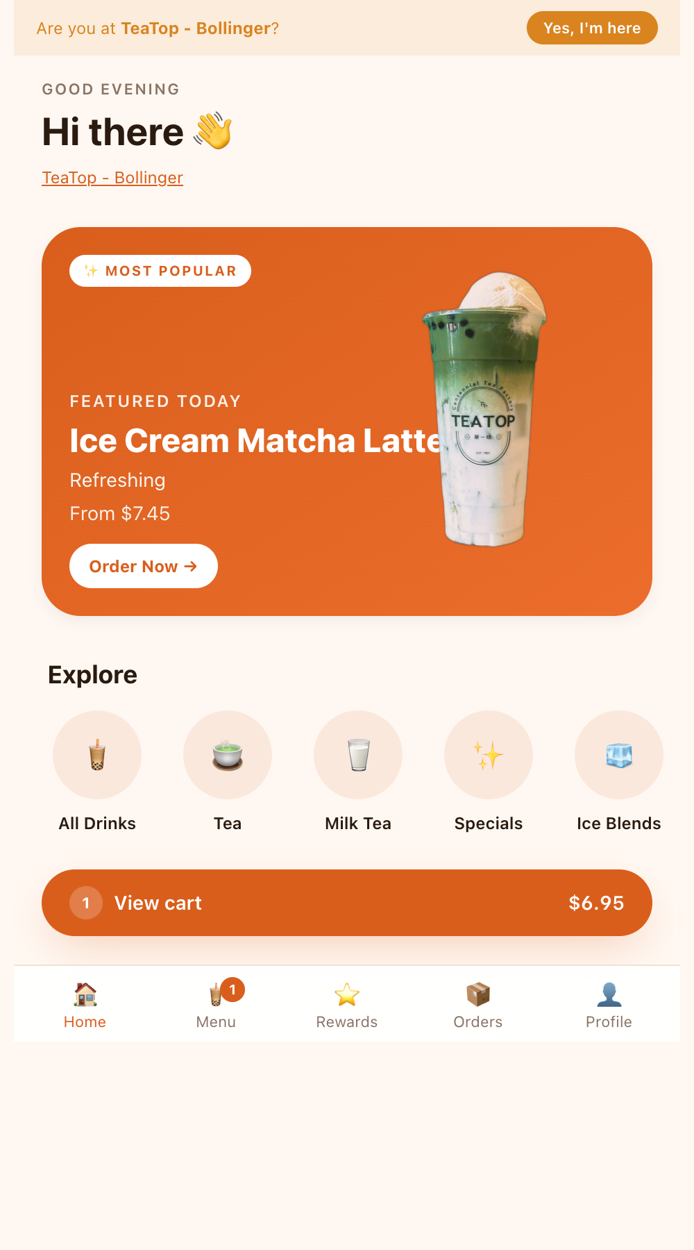 BobaHub web app home with featured drink