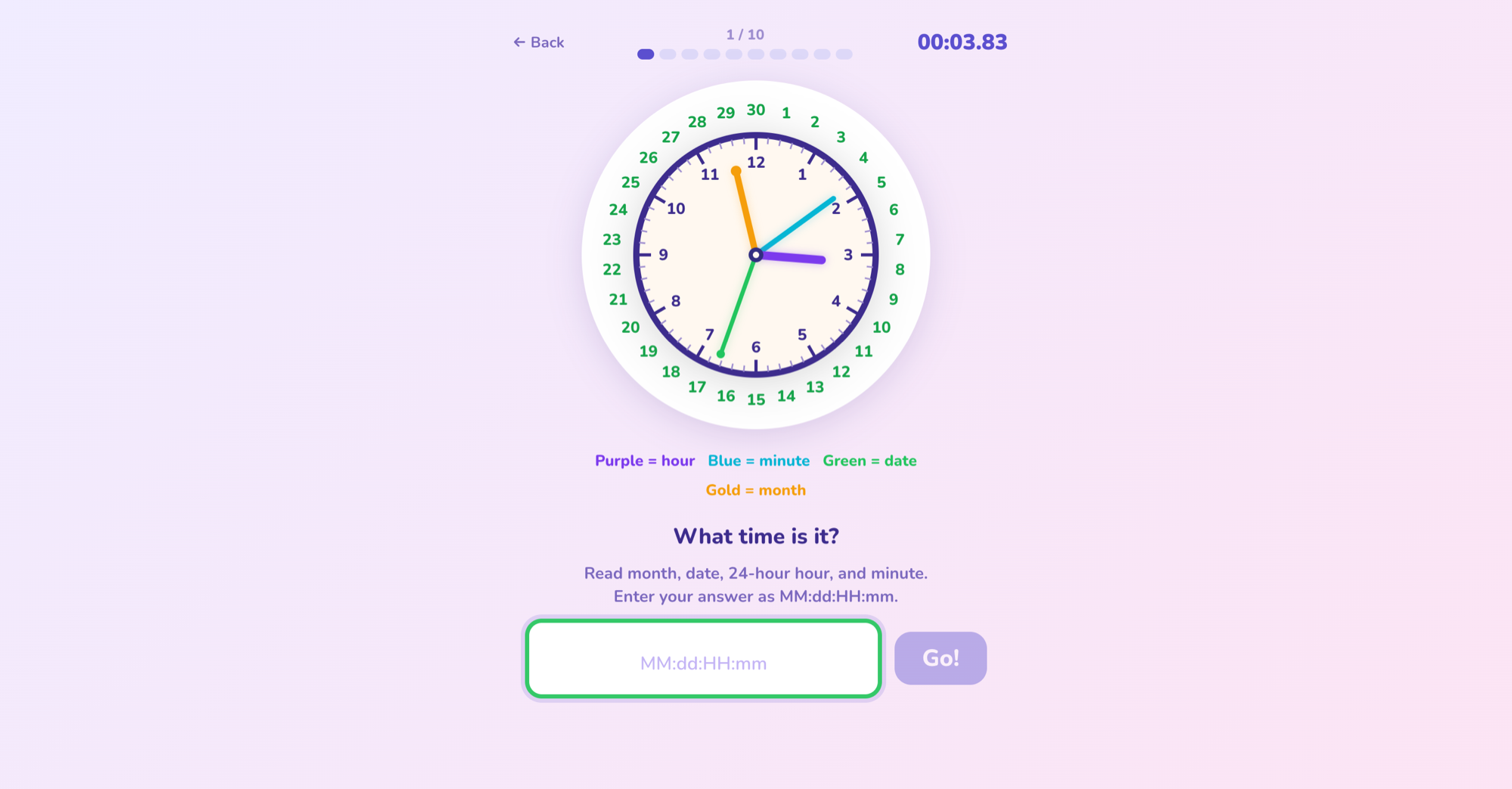 ClockRacer on the web — Calendar Clock level with month, date, hour and minute hands