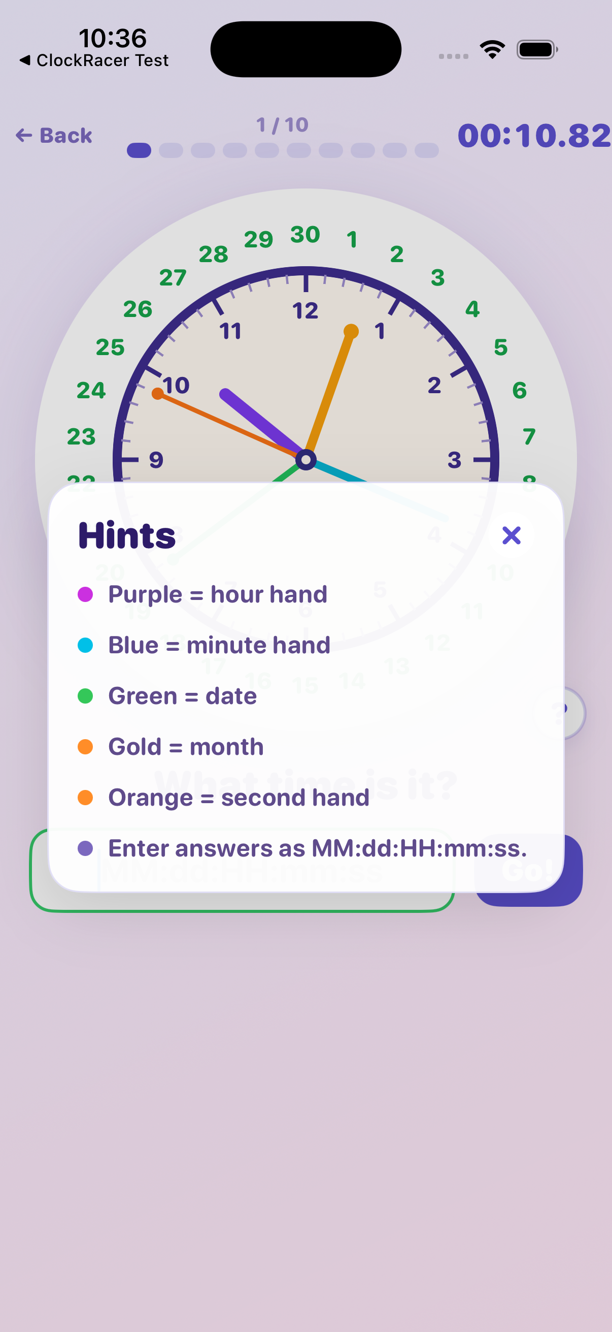 ClockRacer iOS app — advanced clock with hour, minute, second, date and month hands
