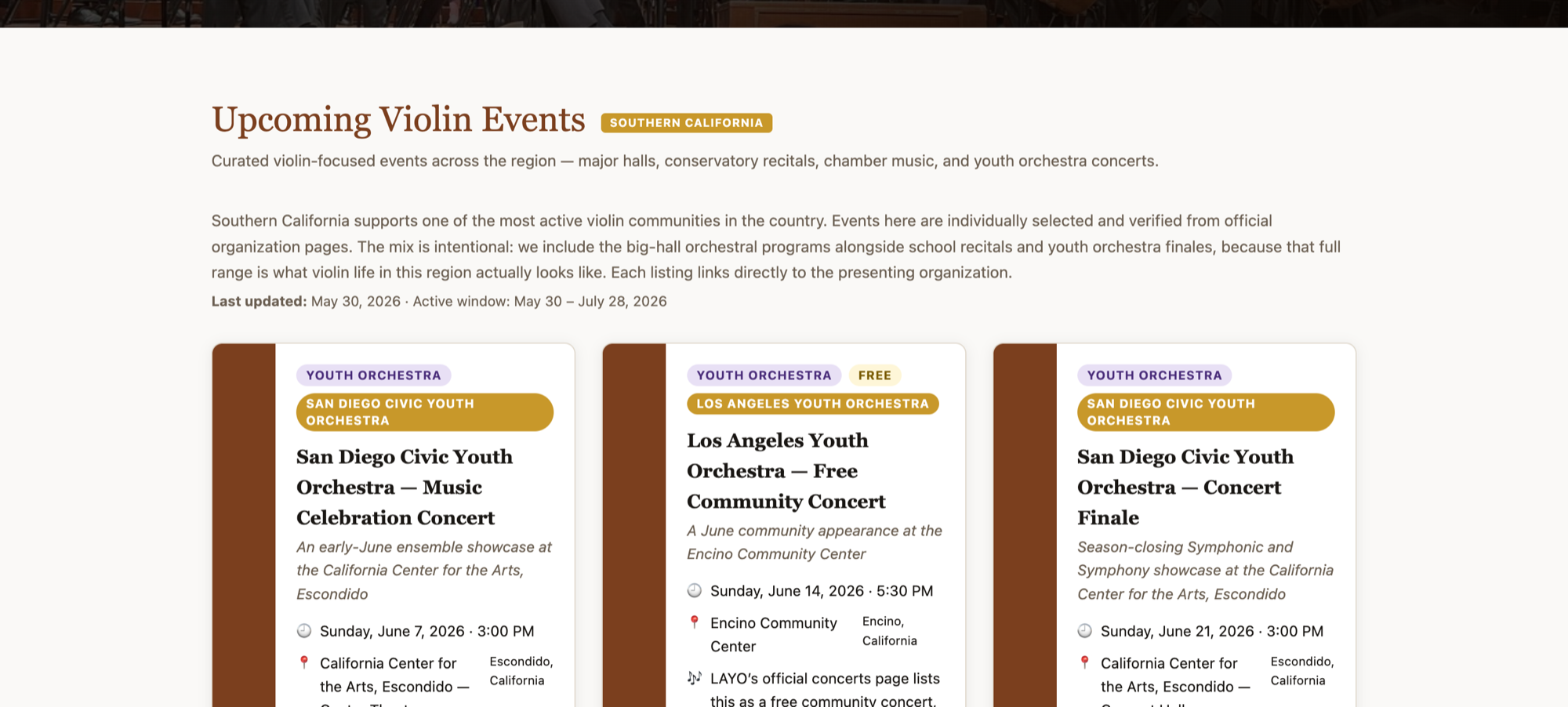 SoCalStrings upcoming violin events in Southern California